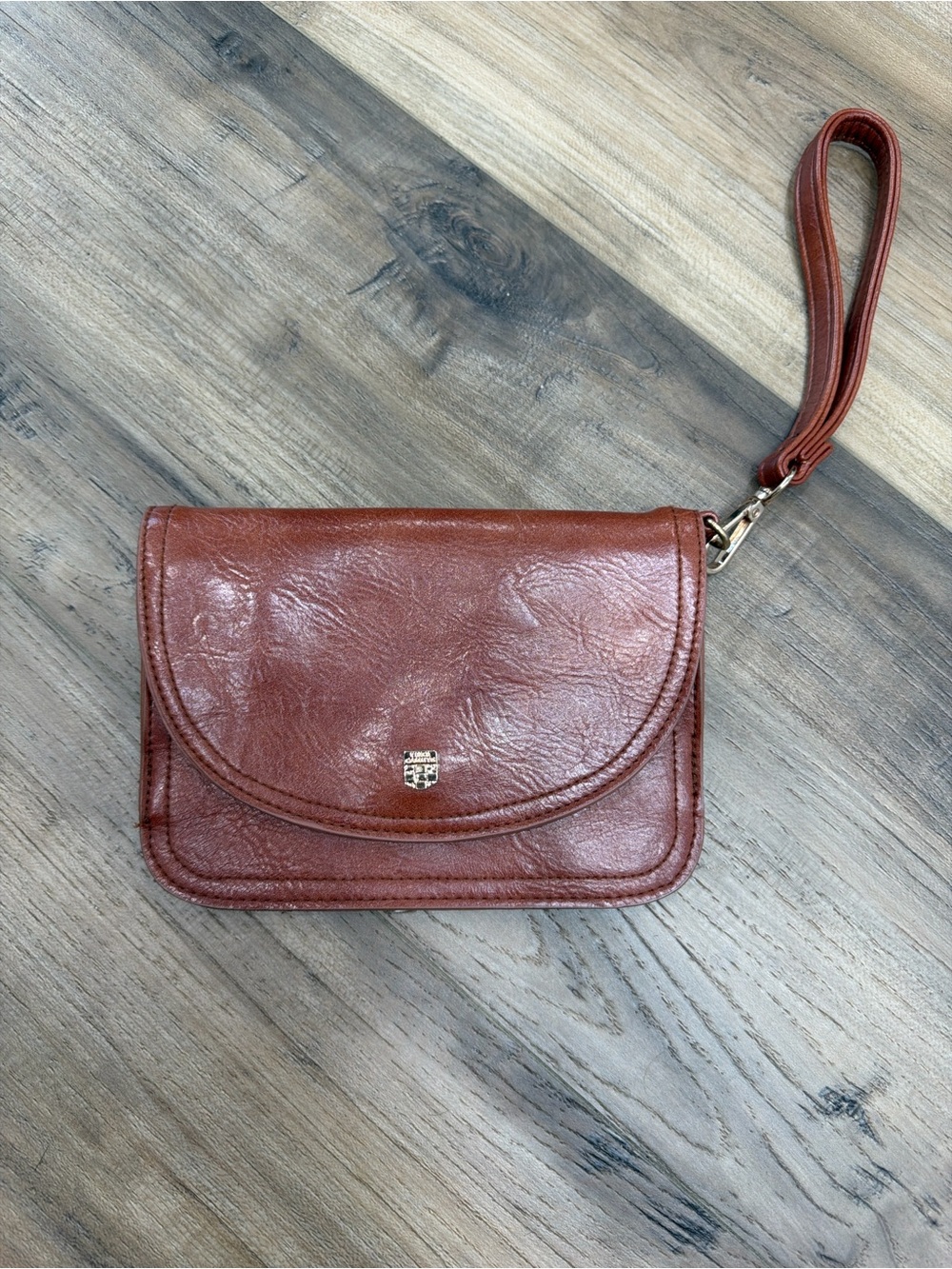 Vince Camuto Leather Wristlet Clutch in Cognac Brown